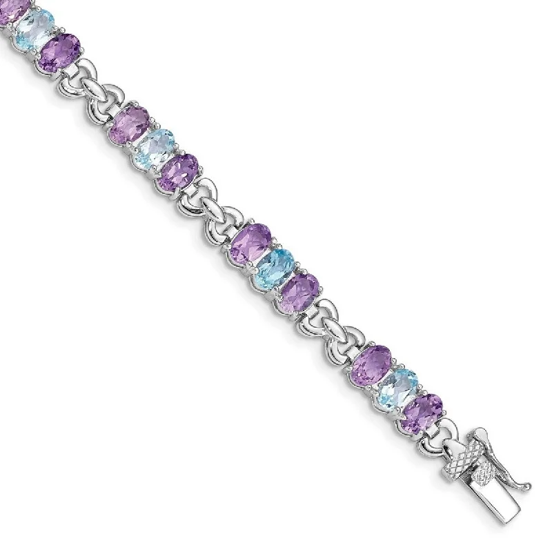 Ladies Bangles Gift -Curata 925 Sterling Silver Polished Safety bar Box Catch Closure Amethyst and Blue Topaz Bracelet 7.25 Inch Box Clasp