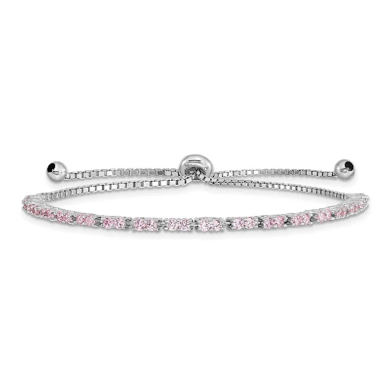 Ladies Bangles Natural Stone -Curata 925 Sterling Silver Rhodium Plated October Pink CZ Cubic Zirconia Simulated Diamond Adj Bracelet