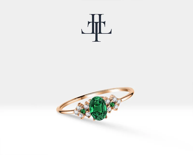 Elegant rings for women-Multi Stone Ring in 14K Yellow Solid Gold Ring with Oval Cut Emerald with Cluster Setting Diamond Ring Dainty Gold Ring For Women