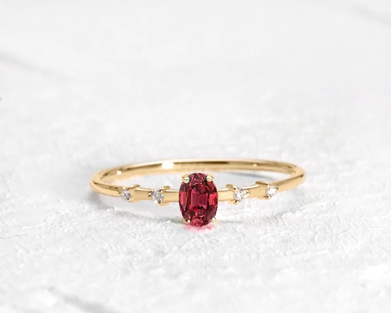 Chunky gold rings for women-Dainty Ring, Prong Setting Oval cut Ruby and Diamond Ring , 14K Yellow Solid Gold