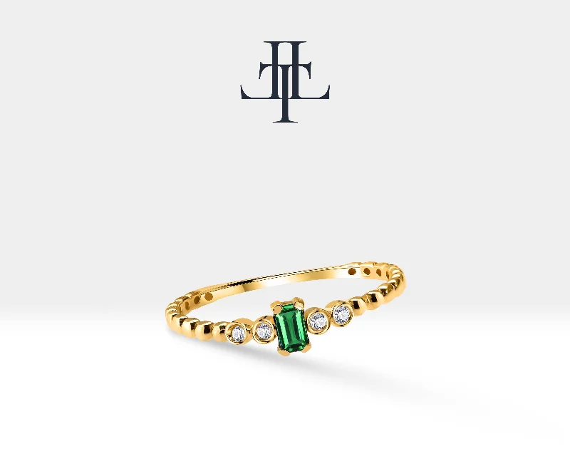 Wide band rings for women-14K Yellow Solid Gold,Multi Stone Ring,Baguette Cut Emerald-Diamond Ring,Dainty Ring