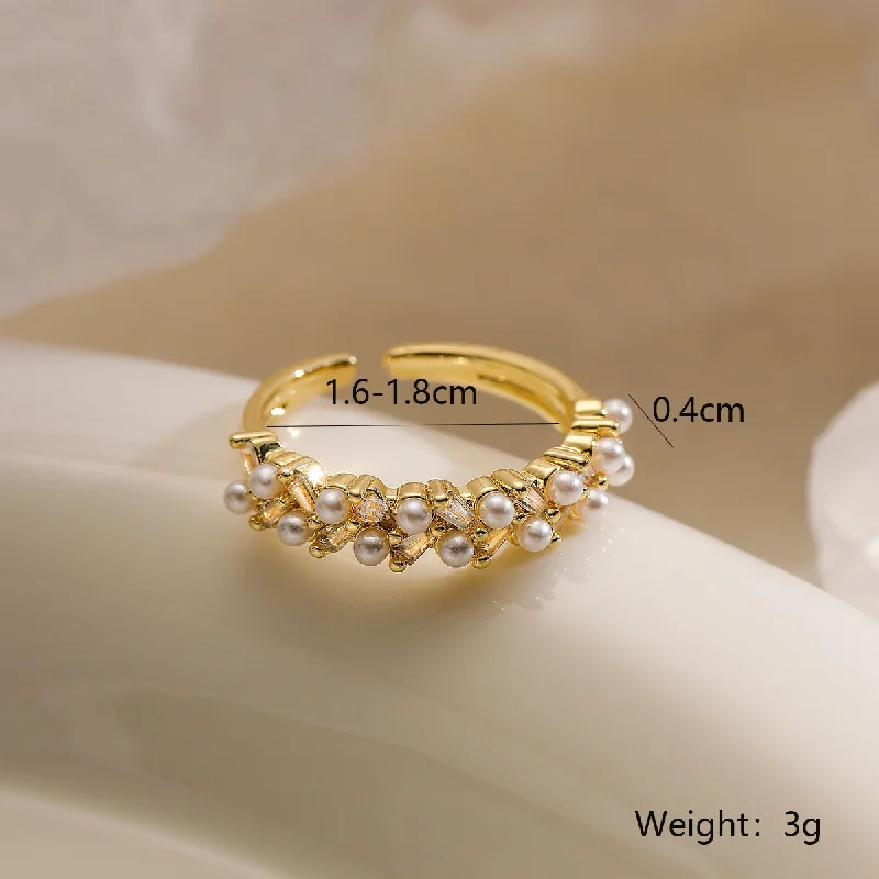 Square rings for women-Simple Style Geometric Copper Plating Inlay Artificial Pearls Zircon 18k Gold Plated Open Rings