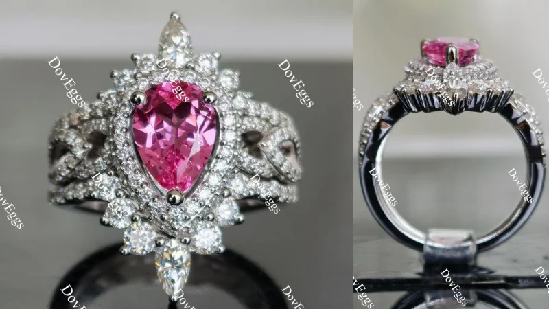 Gold-plated rings for women-Sassanach pear halo pink sapphire colored gem bridal set(3 rings)