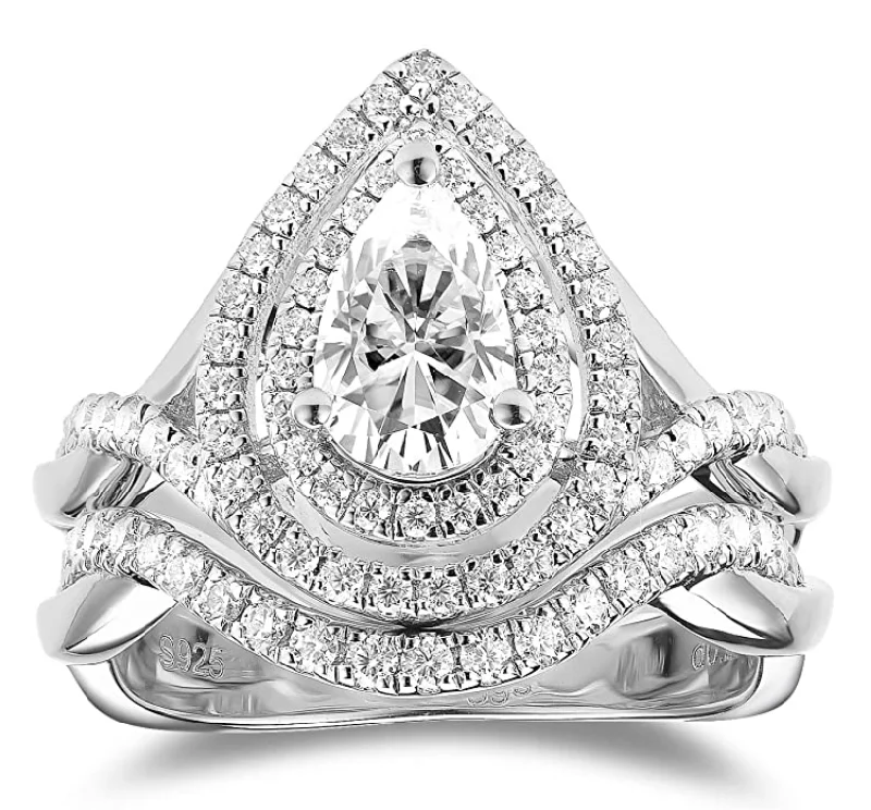 Sparkling rings for women-DovEggs  1.25 carat pear bridal set sterling silver moissanite ring