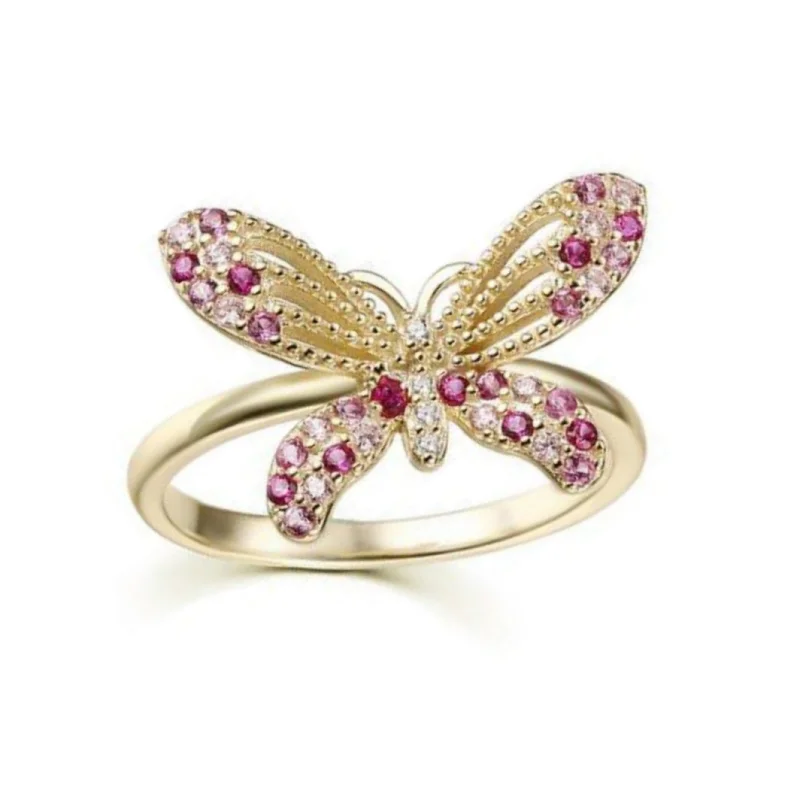 Elegant rings for women-Gold Plated Sterling Silver Pink, Clear, and Ruby CZ Butterfly Ring