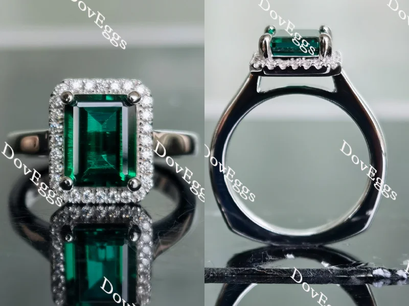 Silver rings for women-Doveggs cathedral emerald shape halo zambia emerald colored gem ring