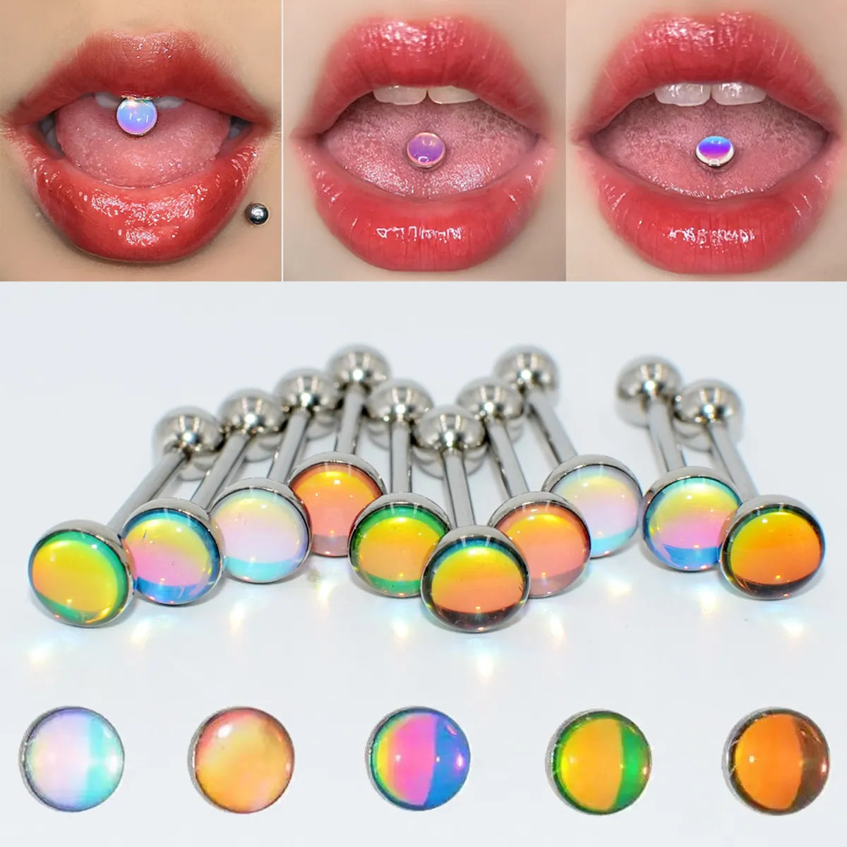 Silver diamond rings for women-1 Piece Tongue Rings Simple Style Gradient Color 304 Stainless Steel Resin Polishing Tongue Rings