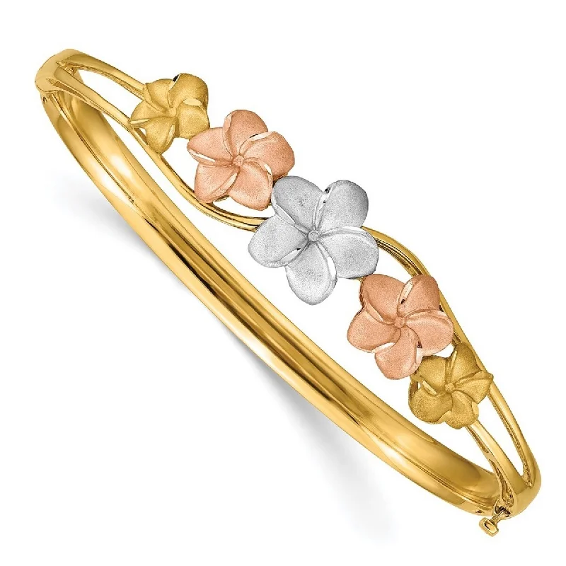 Ladies Bangles Polished -Curata 14k Tri Color Gold Plumeria Cuff Stackable Bangle Bracelet