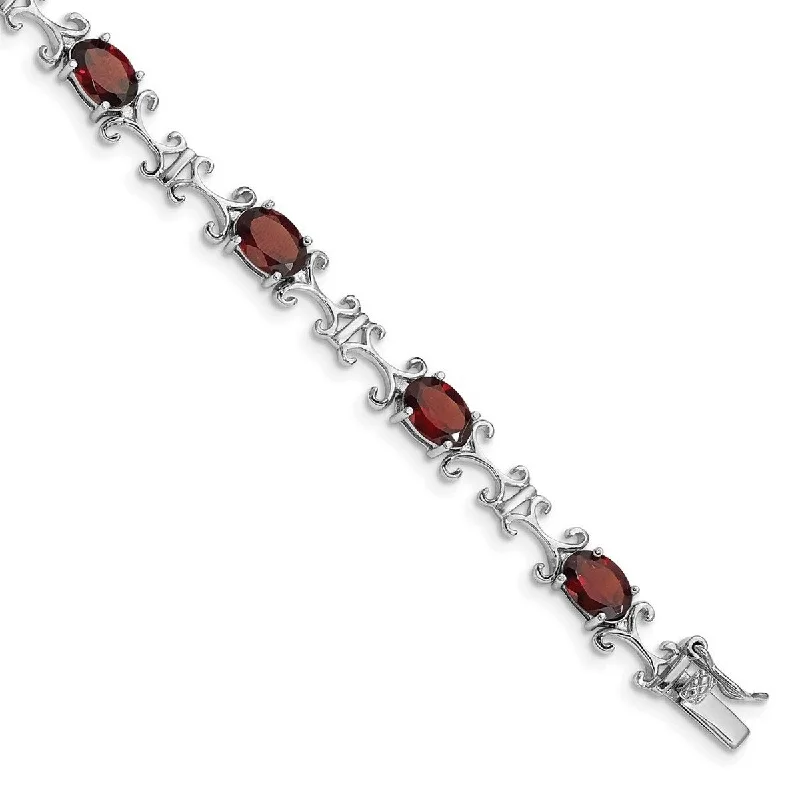 Ladies Bangles Wide -Curata 925 Sterling Silver Polished Open back Box Catch Closure Garnet Oval Bracelet