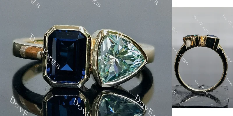 Custom rings for women-Doveggs fat trillion emerald two stones bezel setting moissanite & colored gem ring