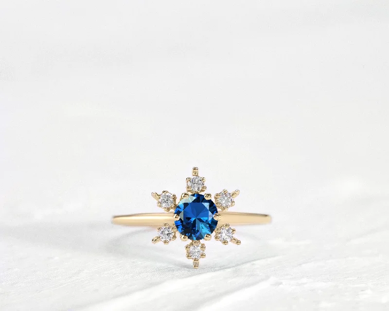 Adjustable rings for women-Straight Shank Snow Flake Ring, Rose Cut Sapphire with Diamond Ring, 14K