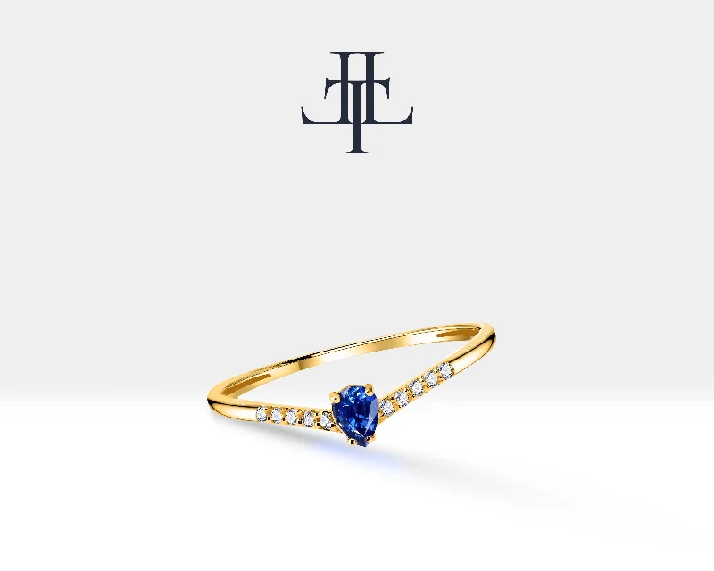 Personalized rings for women-14K Yellow Solid Gold Ring,Chevron Shank Ring,Pear Cut Sapphire Ring,Half Eternity Ring