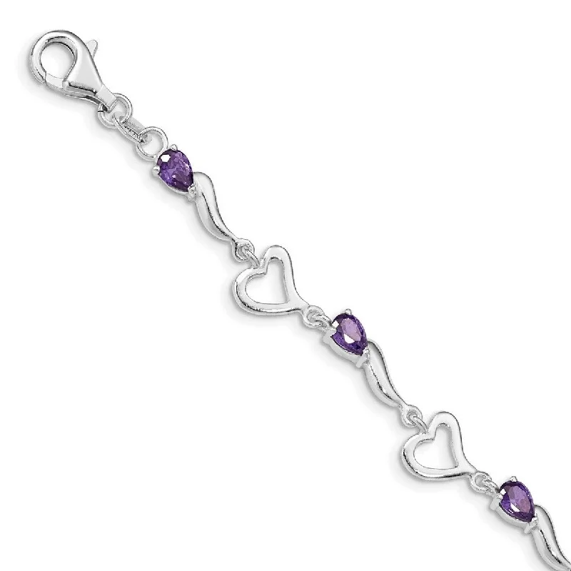 Ladies Bangles Red -Curata 925 Sterling Silver Fancy Lobster Closure and Amethyst Polished Fancy Link Love Heart Bracelet