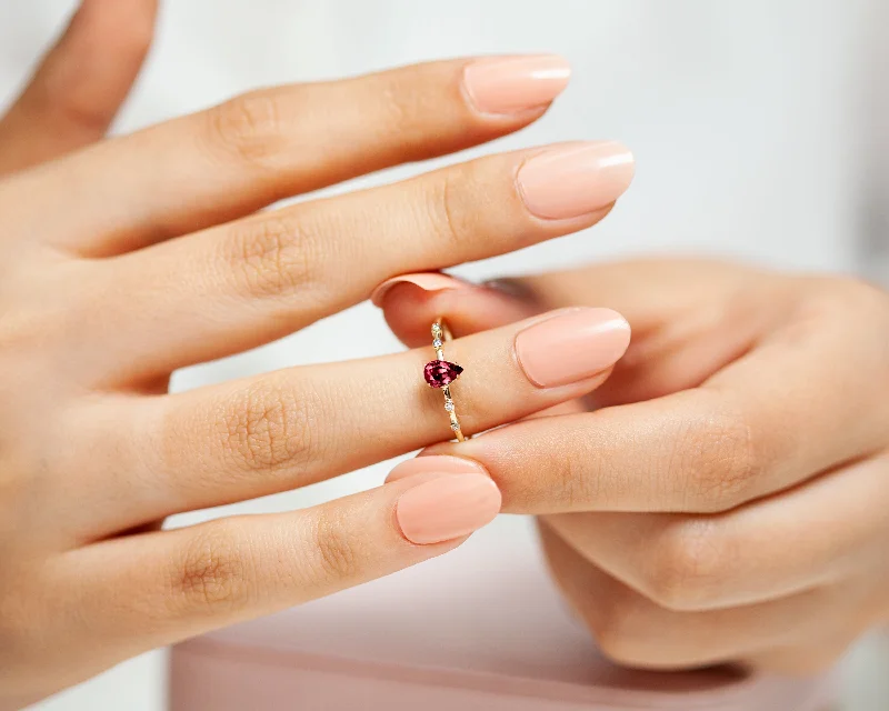 Wide rings for women-Dainty Ring Drop Ring Ruby Drop cut with Sprinkled Diamonds 14K Gold