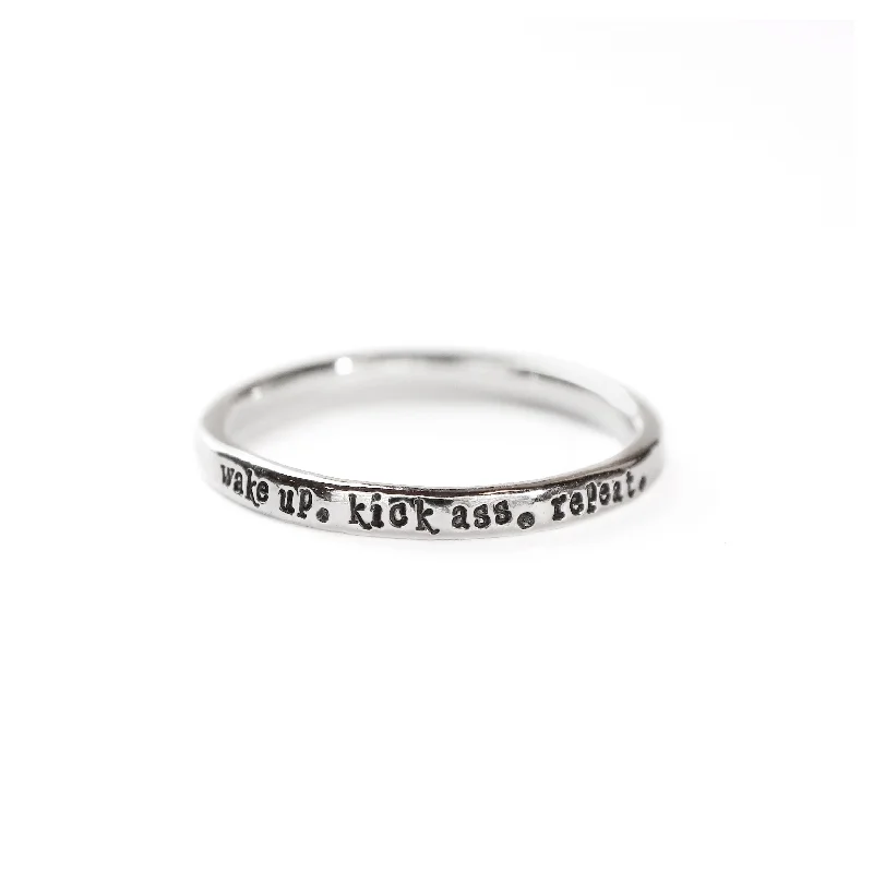 Simple rings for women-Wake Up. Kick Ass. Repeat. - Tiny Message Ring in Sterling Silver