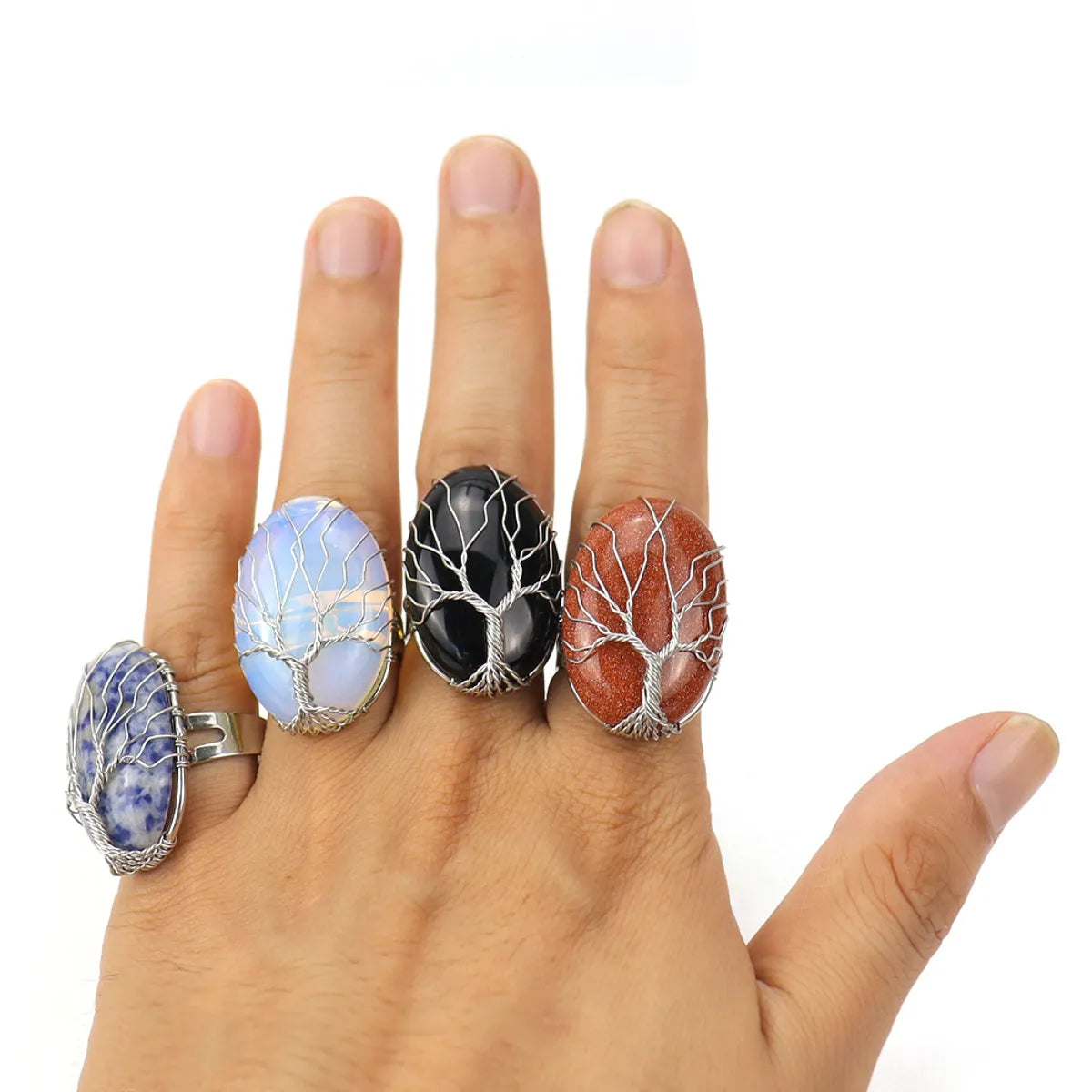 Silver stackable rings for women-Simple Style Tree Oval Agate Copper Open Ring 1 Piece