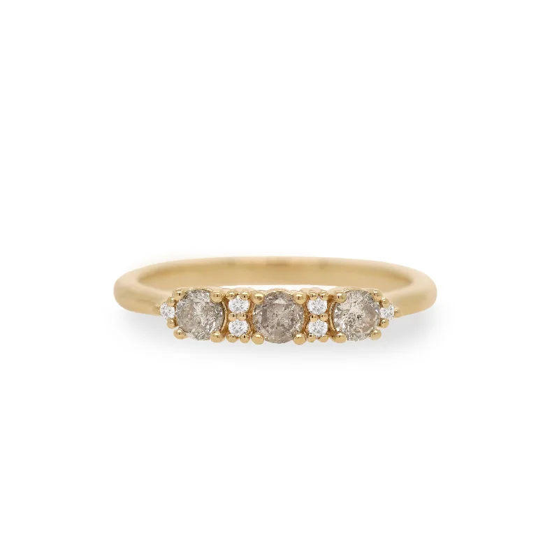 Rose gold rings for women-Three Stone Natural Salt and Pepper Diamond Ring in 14K Yellow Gold