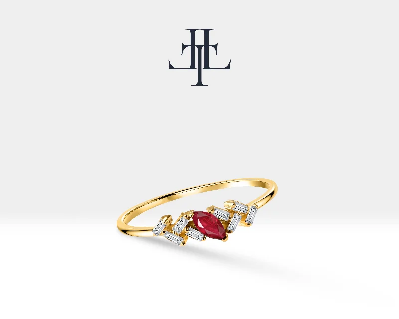 Unique wedding rings for women-14K Yellow Solid Gold Ring,Marquise Cut Ruby Ring with Baguette Diamond,Multi Stone