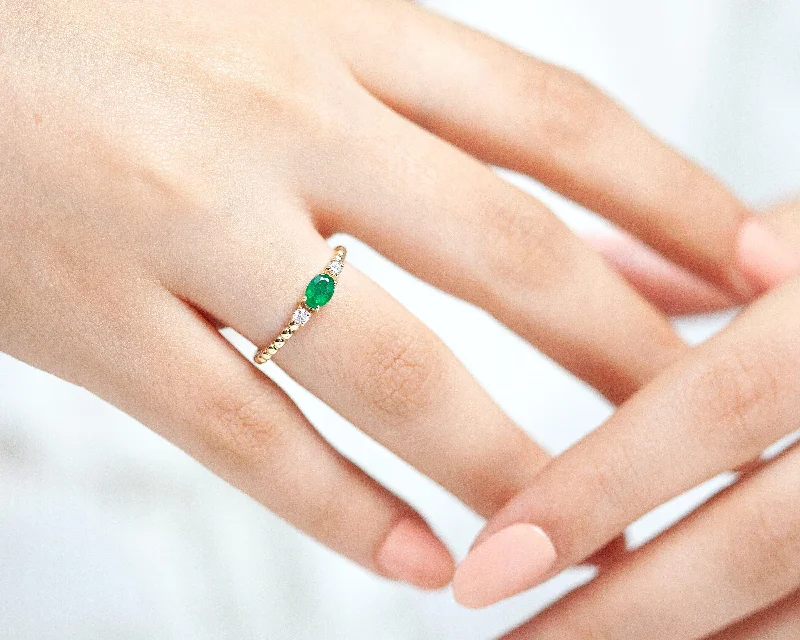 Crystal engagement rings for women-Adjustable Dainty Ring Oval Cut With Emerald and Diamond for her