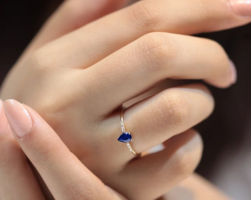 Antique rings for women-Dainty Ring, Sapphire Pear cut with Sprinkled Diamonds, 14K Gold