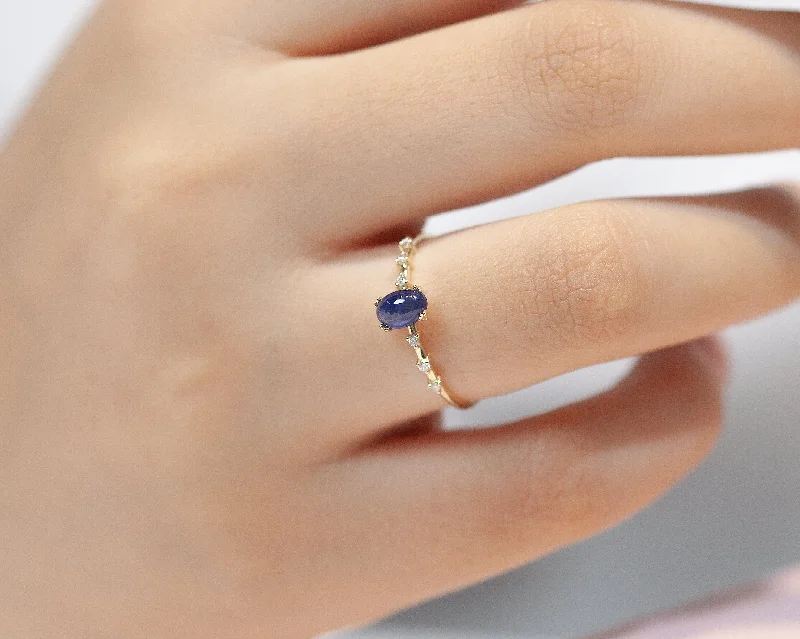 Wide band rings for women-Dainty Ring, Oval Cabochon Smooth Polished Sapphire with Sprinkled Diamonds, 14K Gold