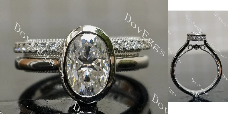 Gemstone rings for women-Doveggs oval bezel moissanite bridal set (2 rings)