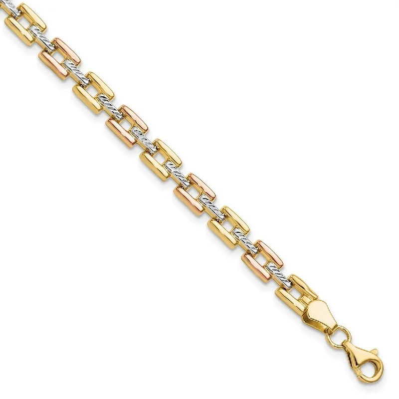 Ladies Bangles Bridal -Curata 14k Tri-color Gold Square Tracks Fancy Stampato Bracelet 7.25 Inch