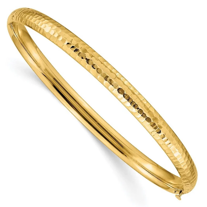 Ladies Bangles Retro -Curata 14k Yellow Gold Hollow Fold-over No safety bar 4.75mm Fancy Hammered Hinged Bangle Bracelet