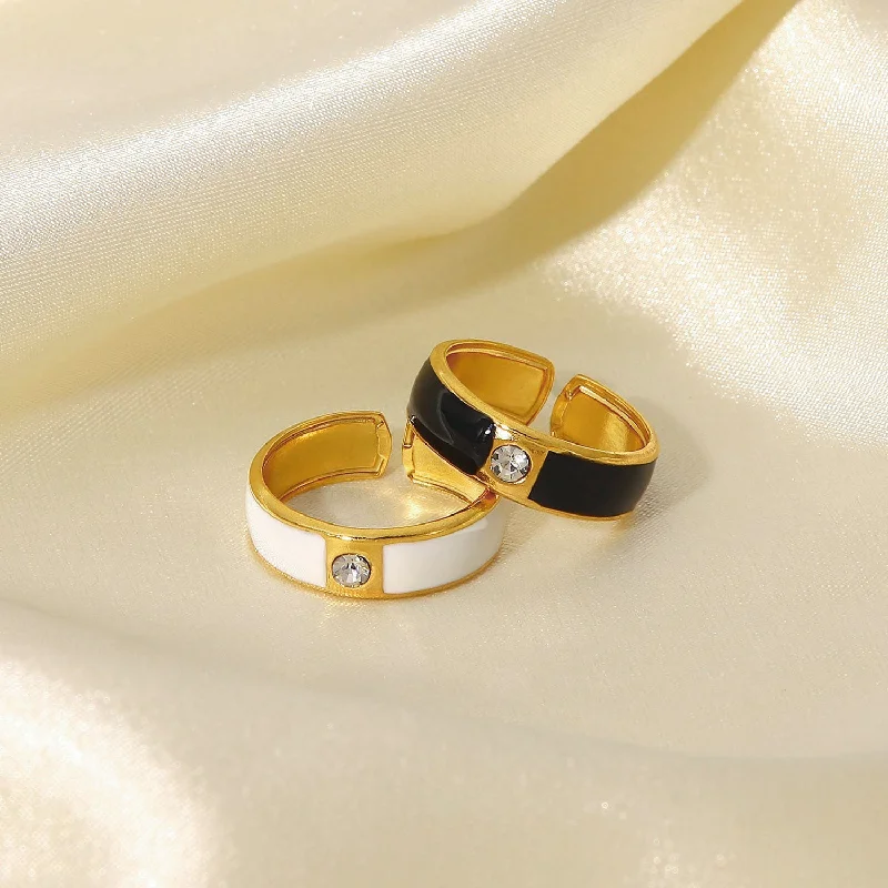 Silver rings for women-Fashion Simple 18k Gold Stainless Steel Inlaid Zircon Black/white Open Ring