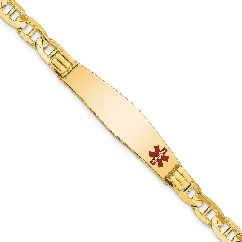 Ladies Bangles Solid -Curata 14k Yellow Gold 10.3mm Engravable Medical Red Enamel Mariner Anchor ID Bracelet