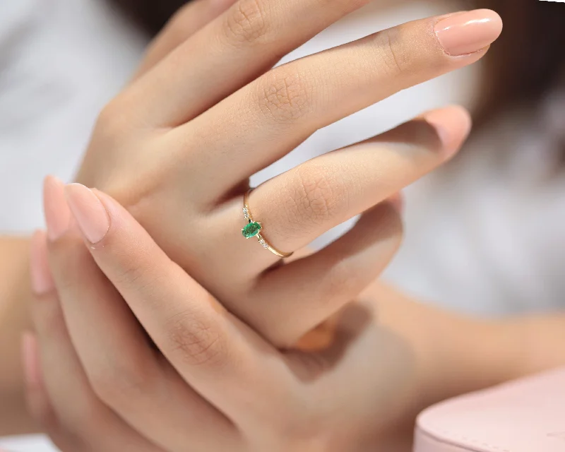 Diamond engagement rings for women-Dainty Ring, Oval cut Emerald with 4 Diamonds, 14K Gold