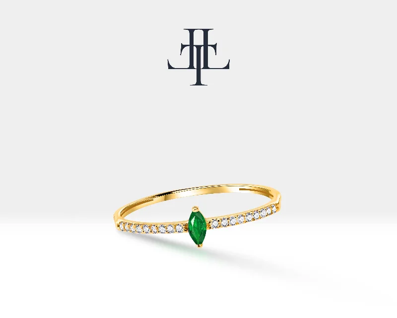 Crystal rings for women-14K Yellow Solid Gold Ring,Straight Shank Ring,Marquise Cut Emerald Ring,Half Eternity shank