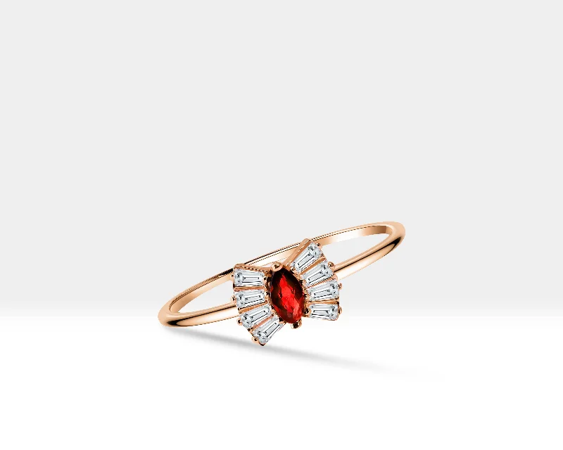 Elegant diamond rings for women-14K Yellow Solid Gold Band,Multi Stone Ring,Marquise Cut Ruby and Baguette Diamond