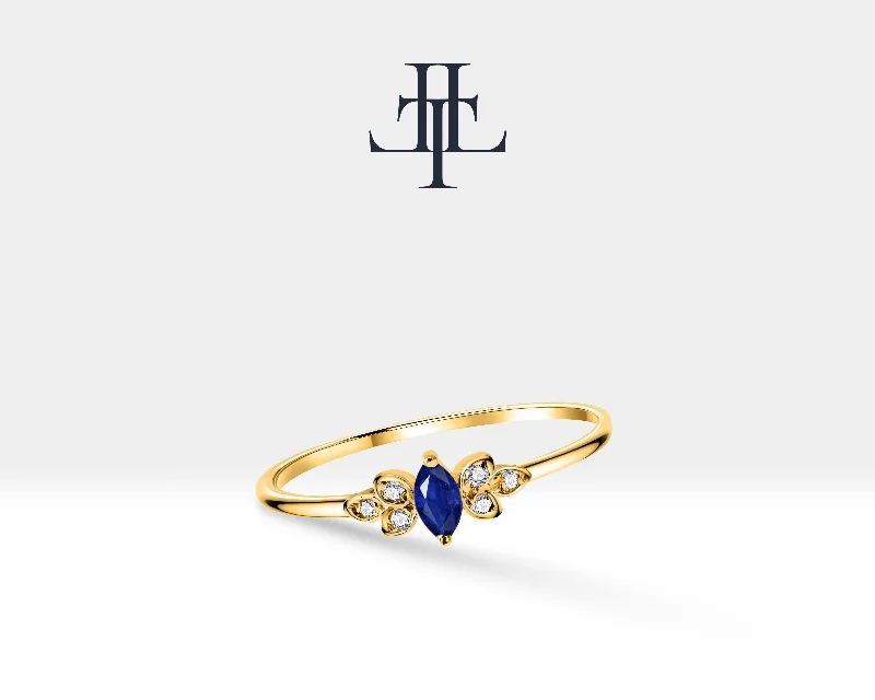 Floral rings for women-14K Yellow Solid Gold Ring,Straight Shank Ring,Marquise Cut Sapphire Ring,Multi Stone