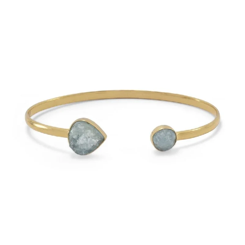 Ladies Bangles Classic -Curata 14k Gld Plated 925 Sterling Silver Aquamarine Cuff Bracelet an 8mm Rough Cut Stone on One Side 13mm X