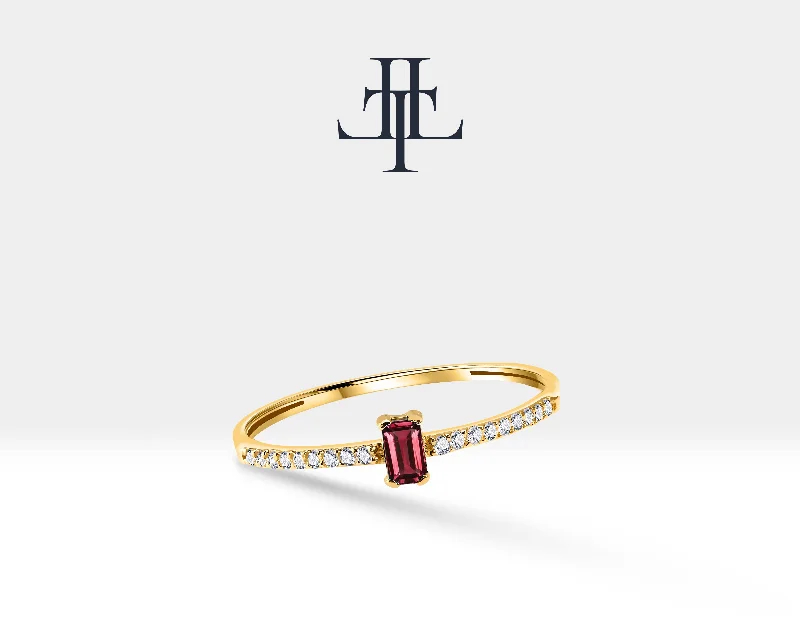 Minimalist rings for women-14K Yellow Solid Gold,Multi Stone Ring,Baguette Cut Ruby and Diamond Ring,Dainty Ring