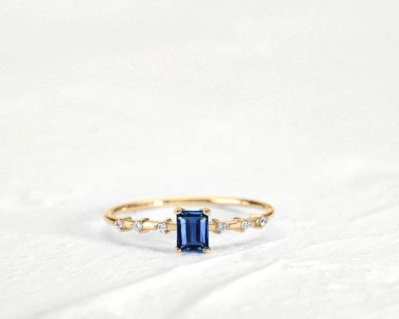 Adjustable rings for women-Dainty Ring Sapphire Baguette cut with Sprinkled Diamonds 14K Gold