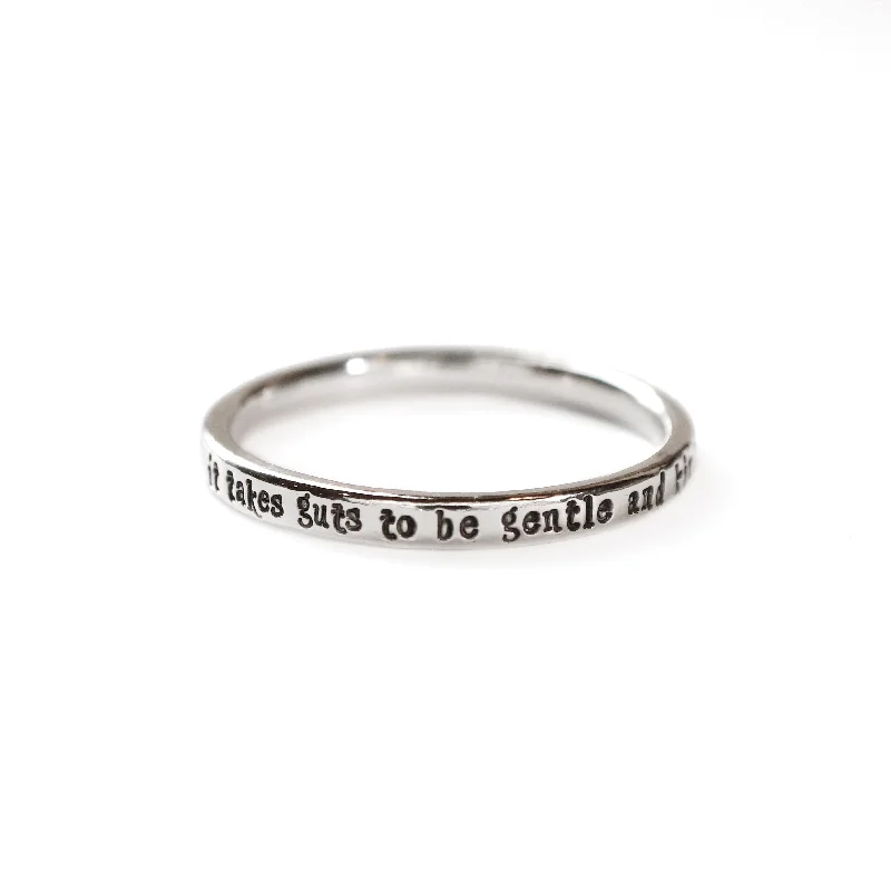 Trendy rings for women-It Takes Guts To Be Gentle And Kind - Tiny Message Ring in Sterling Silver