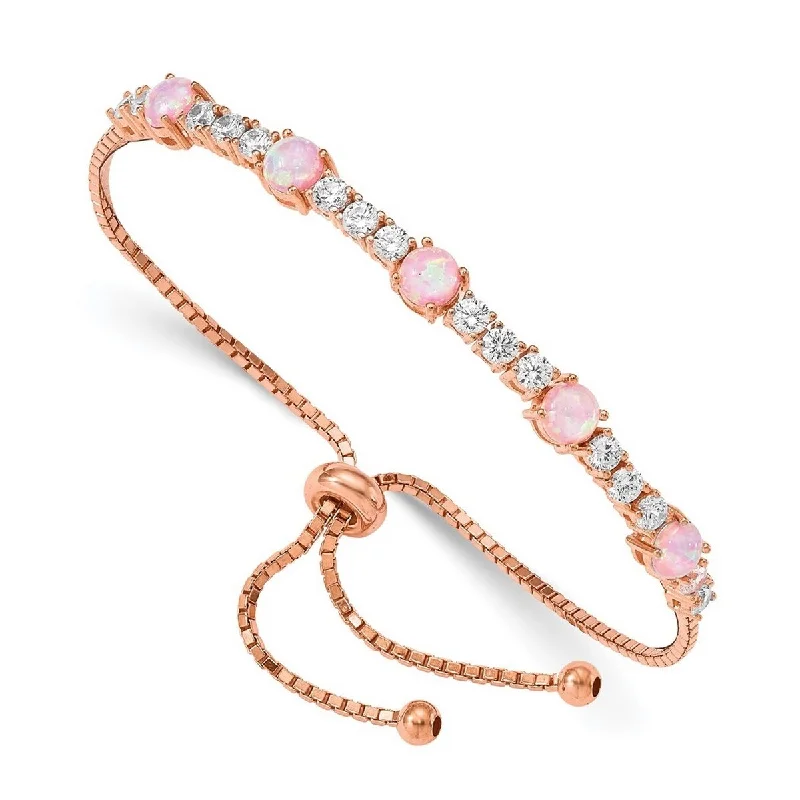 Ladies Bangles Delicate -Curata 925 Sterling Silver Rose tone Lab Simulated Opal and Cubic Zirconia Adjustable Bracelet